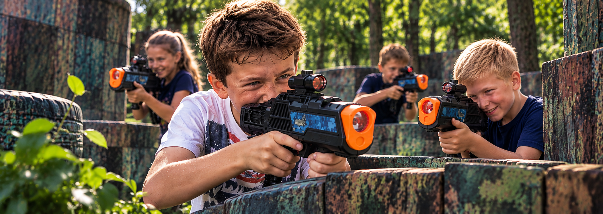Players enjoying mobile laser tag with blue Mega Phasor-style equipment